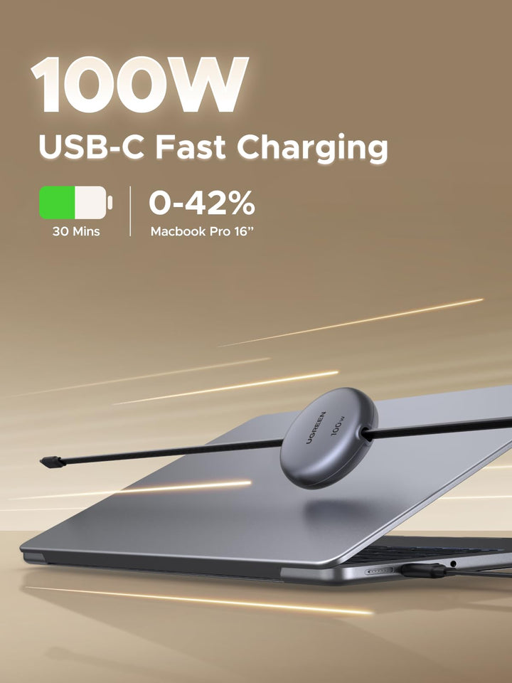 UGREEN Nexode Retractable USB-C Cable 100W supports ultra-fast 100W charging, fully charging a MacBook Pro 16" from 0 to 42% in just 30 minutes, providing efficient power delivery and reliable performance for everyday use.