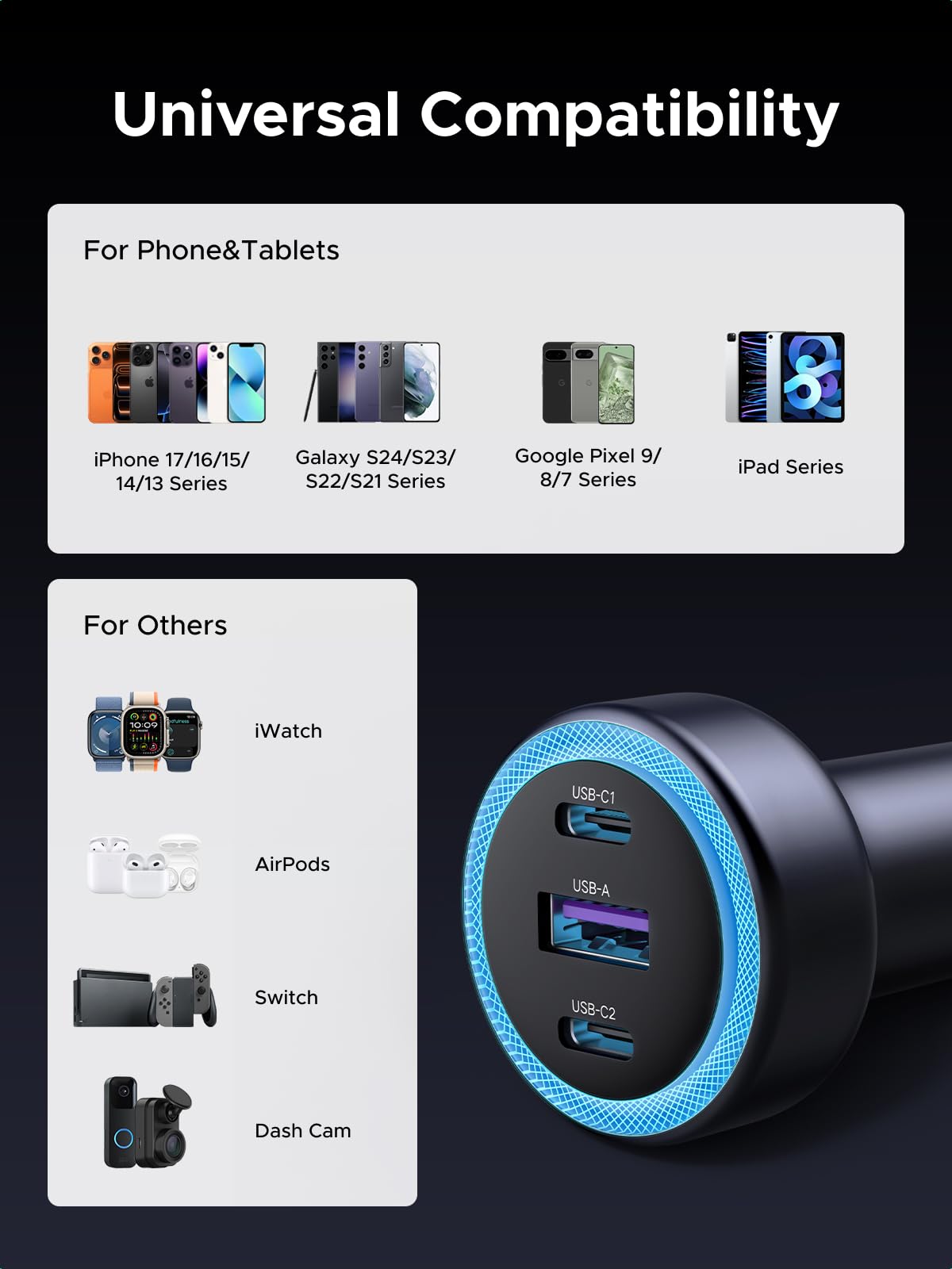 UGREEN 30W USB C Car Charger 3 Port PD Fast Charging Cigarette Lighter