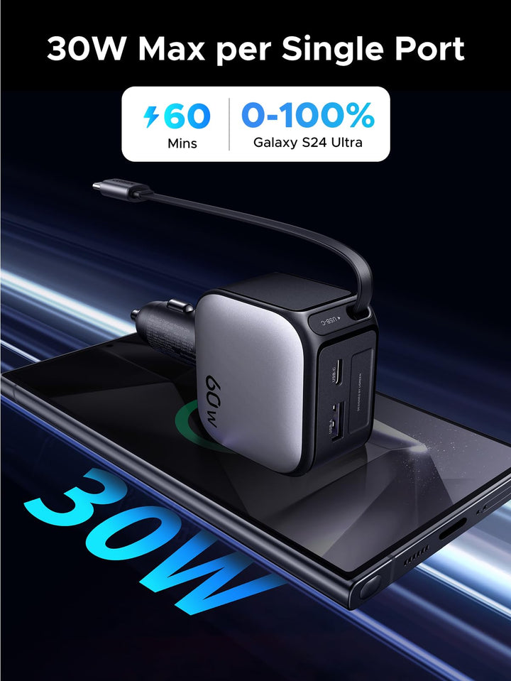 UGREEN Nexode 60W Car Charger with Retractable USB-C Cable charges the Galaxy S24 Ultra from 0% to 100% in just 60 minutes via the built-in USB-C cable with 30W Power Delivery – ideal for fast and efficient in-car charging.