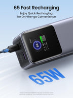 UGREEN Nexode Power Bank 25000mAh 200W portable charger supports 65W fast recharging, allowing the power bank itself to be replenished quickly for convenient and efficient daily use.