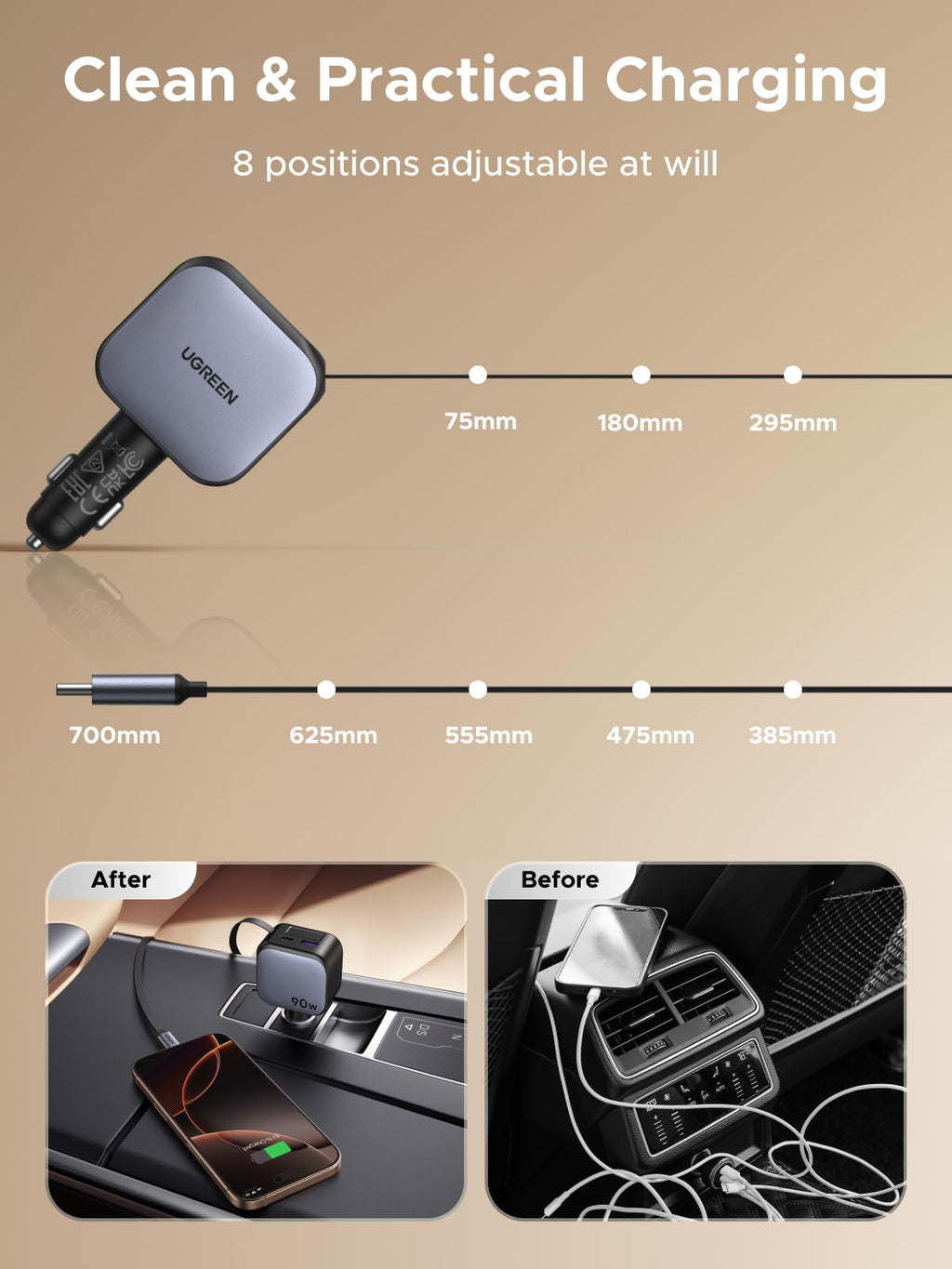 Before using the UGREEN Nexode Car Charger 90W with Retractable USB-C Cable, cables were messy and tangled; now with 8 adjustable lengths, this travel charger keeps in-car charging neat and organized during travel.