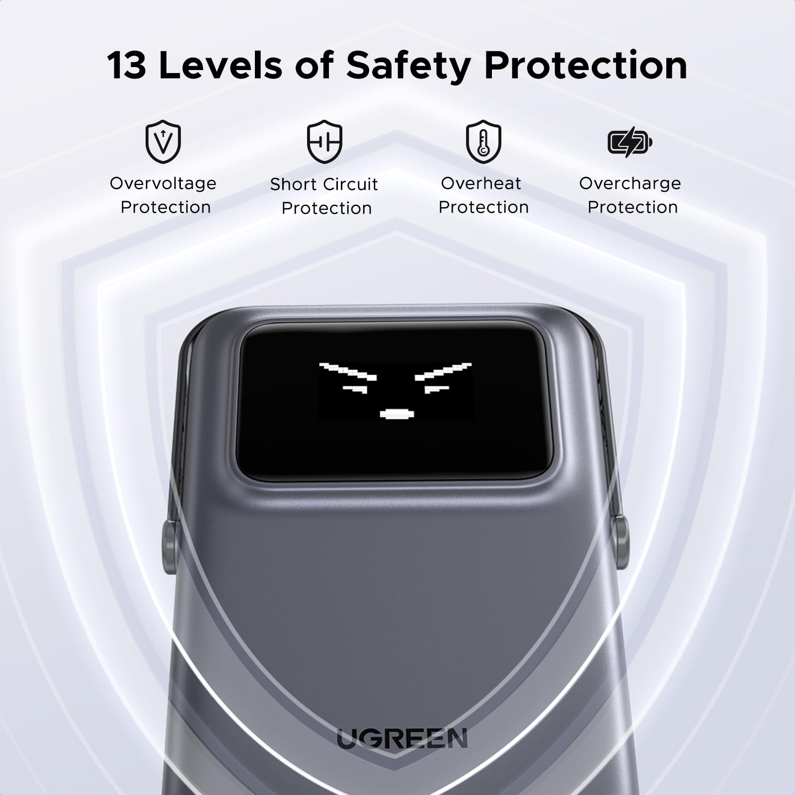 UGREEN Uno Magnetic Wireless Power Bank 5000mAh 7.5W is a portable charger that is built with 13 levels of safety protection, including overvoltage, overheating, short-circuit, and overcharge protection for secure daily charging.