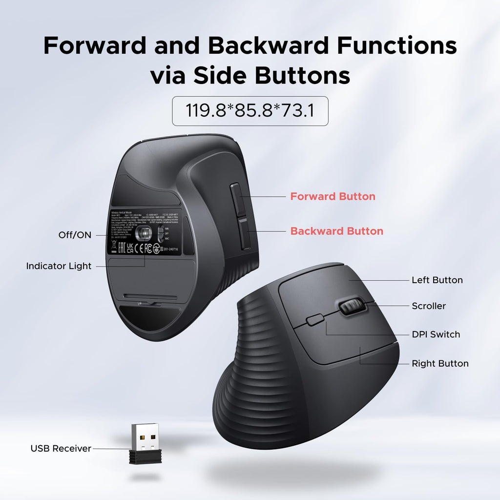 UGREEN Wireless Ergonomic Vertical Mouse, 12-Month Battery Life, 6 Buttons