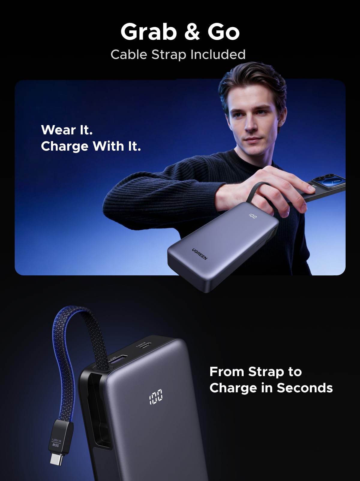 UGREEN Nexode 55W 20000mAh Power Bank 3-Way Output Built-in Cable