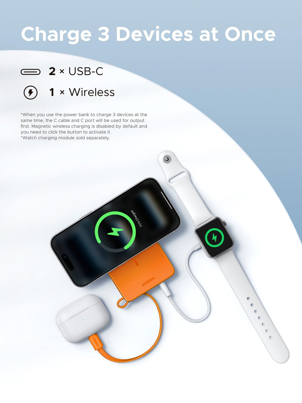 UGREEN MagFlow 10000mAh Qi2 25W MagSafe Power Bank Built-in Cable (Orange)