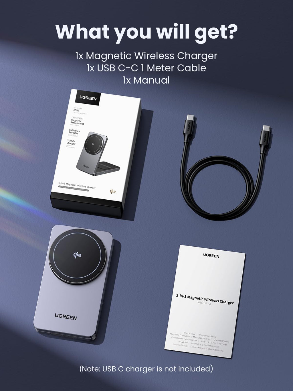 UGREEN MagFlow 2-in-1 Wireless Charger, fully magsafe compatible, with strong magnetic alignment, supporting Qi2 15W wireless charging, includes 1x magnetic charger, 1x USB-C cable, and 1x manual for easy setup and convenient daily use.
