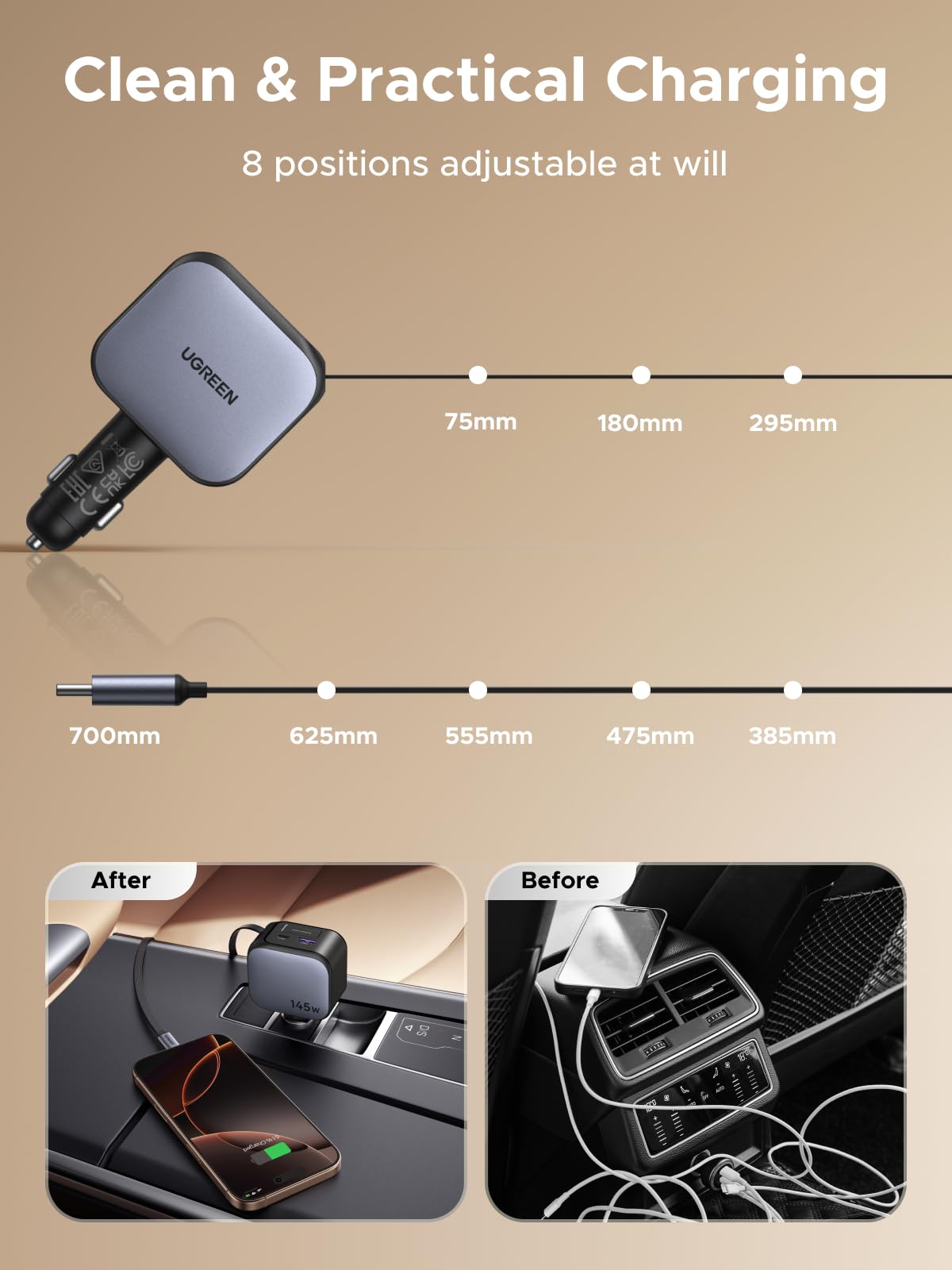 Before using the UGREEN Nexode Car Charger 145W with Retractable USB-C Cable, cables were messy and tangled; now with 8 adjustable lengths, this travel charger keeps in-car charging neat and organized during travel.