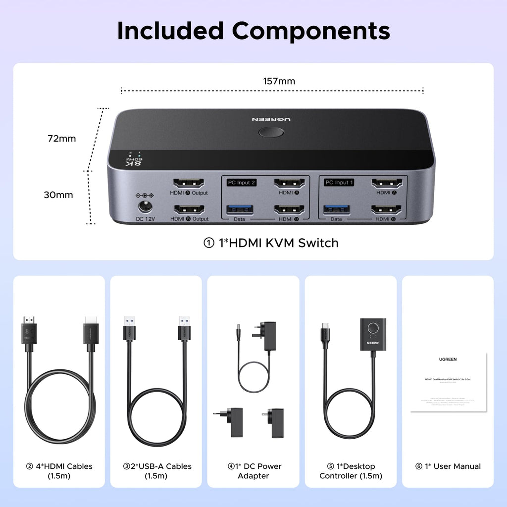 UGREEN HDMI KVM Switch 2 Monitors 2 Computers Support 8K@60Hz 4K@120Hz