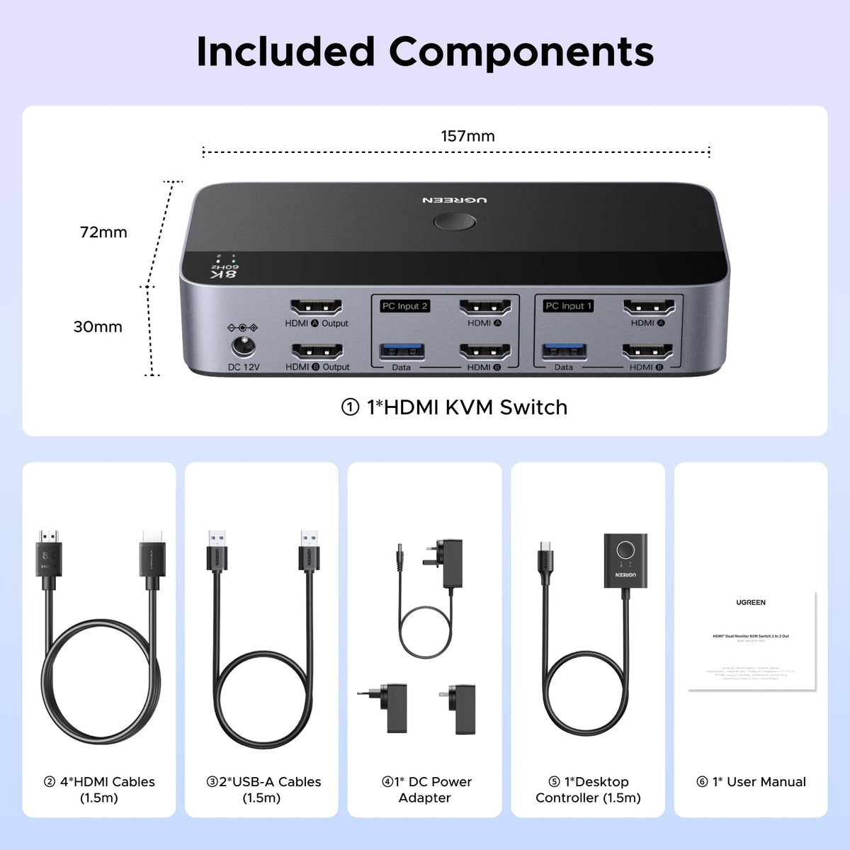 UGREEN HDMI KVM Switch 2 Monitors 2 Computers Support 8K@60Hz 4K@120Hz