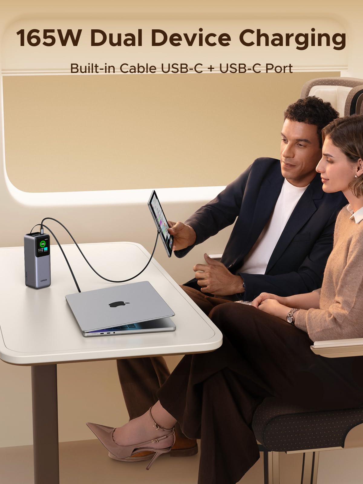 UGREEN Nexode Power Bank 20000mAh 165W with Retractable USB-C Cable, a powerful travel charger for travel with 2-port output up to 165W including USB-C1 100W MAX, USB-C2 65W MAX, USB-A 22.5W/33W MAX, and USB-C2+USB-A 20W MAX