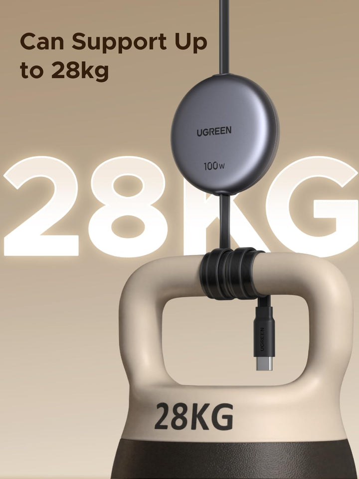 UGREEN Nexode Retractable USB-C Cable 100W offers exceptional strength, capable of supporting up to 28 KG, ensuring reliable durability and robust performance for daily charging and data transfer needs.