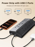 UGREEN Extension Lead 1.5M, 6 Way Power Strip with 3 USB-A & 1 USB-C