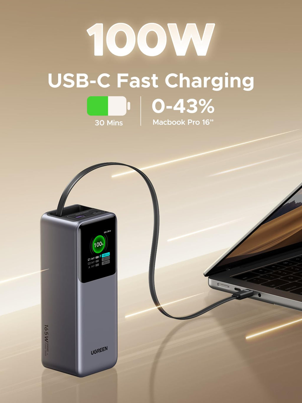 UGREEN Nexode Power Bank 20000mAh 165W with Retractable USB-C Cable, a high-speed travel charger ideal for travel, delivers 100W USB-C fast charging that powers a MacBook Pro 16" to 43% in 30 minutes