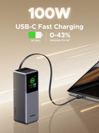 UGREEN Nexode Power Bank 20000mAh 165W with Retractable USB-C Cable, a high-speed travel charger ideal for travel, delivers 100W USB-C fast charging that powers a MacBook Pro 16" to 43% in 30 minutes