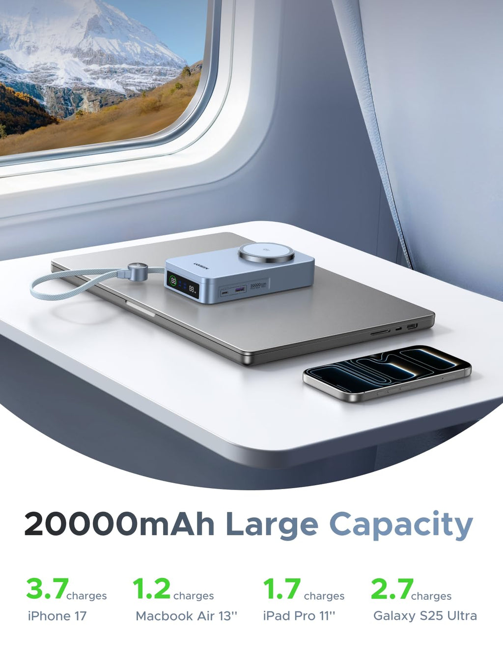UGREEN MagFlow 20000mAh 100W Qi2 25W Wireless Power Bank Built-in Cable