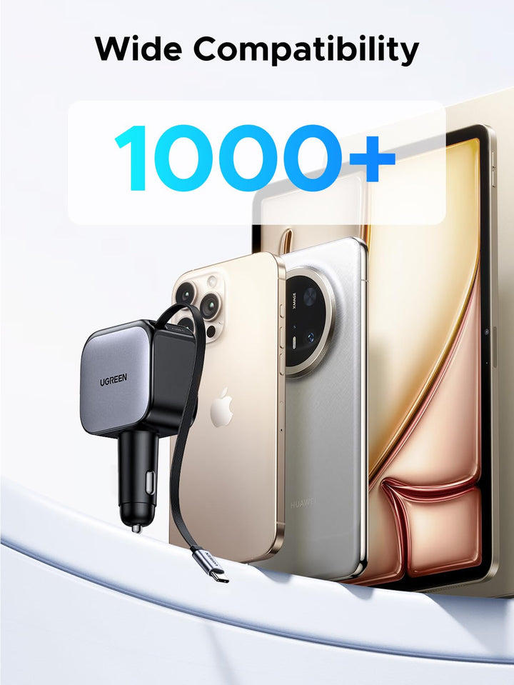 The UGREEN Nexode 60W car charger with retractable USB-C cable offers broad compatibility with over 1,000 devices, including iPhone, iPad, MacBook, Galaxy, Surface, game consoles, and other USB-C or USB-A-enabled devices for flexible charging on the go.