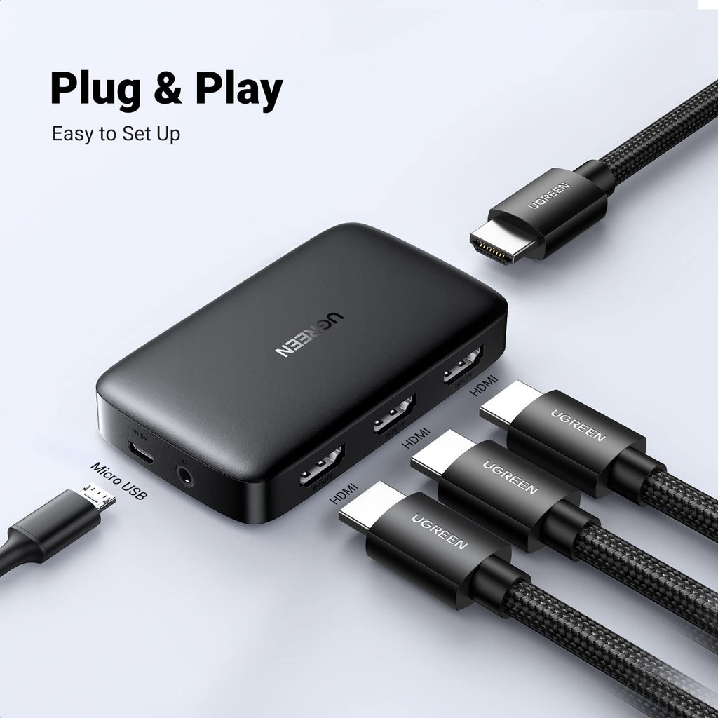 UGREEN HDMI Switch 3 IN 1 OUT HDMI Switcher Splitter Supports 4K 3D HD Monitor Wireless Remoter Control Compatible with TV, PS5/PS4/PS3, Laptop/PC DVD Blu-Ray Xbox HDTV