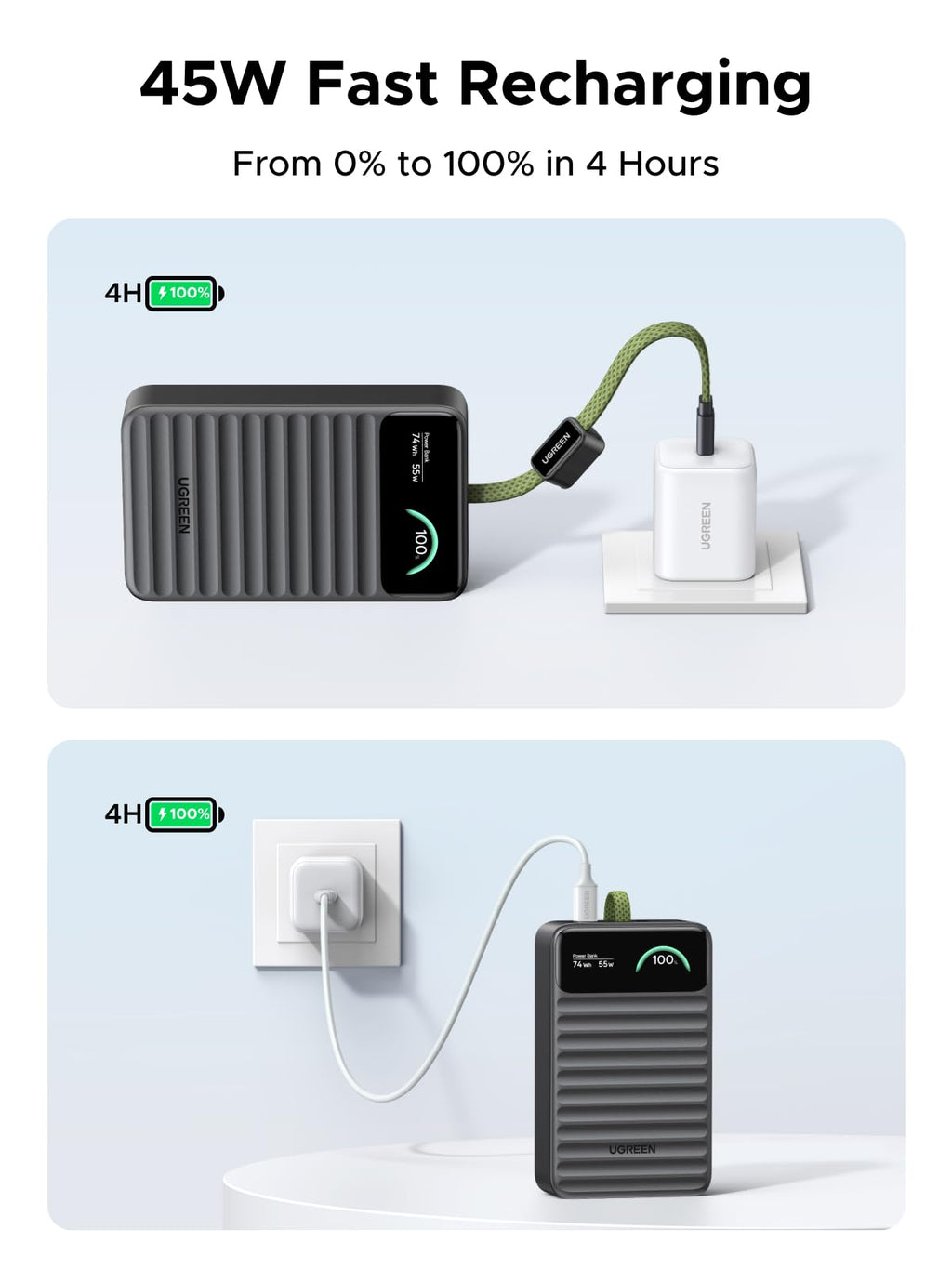 UGREEN Nexode 55W 20000mAh Power Bank Smart Digital Display Built-in Cable