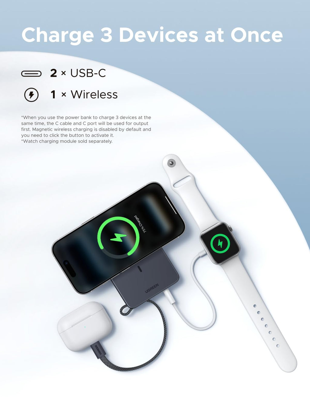 UGREEN MagFlow 10000mAh Qi2 25W MagSafe Power Bank Built-in Cable (Grey)
