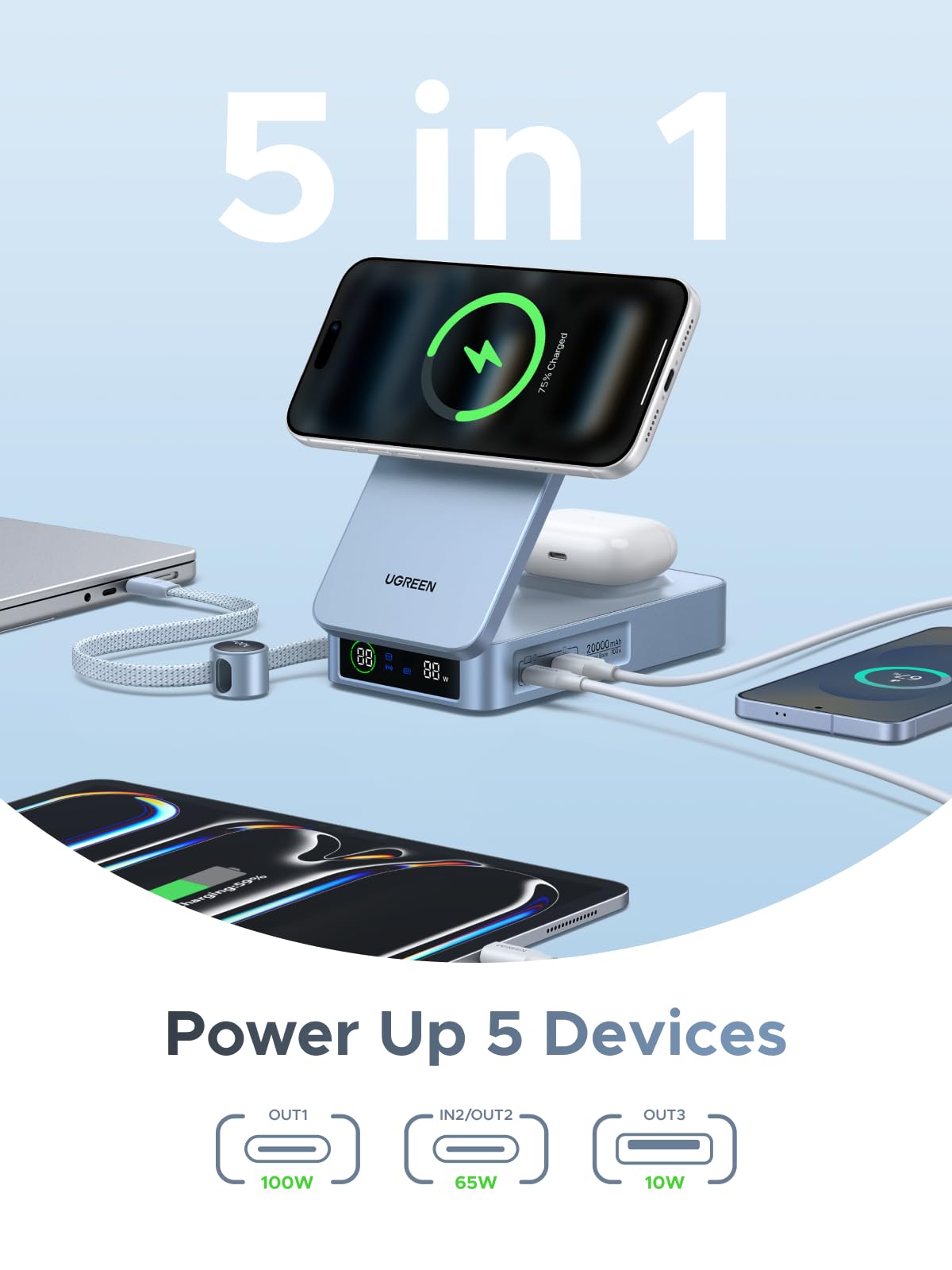 UGREEN MagFlow 20000mAh 100W Qi2 25W Wireless Power Bank Built-in Cable