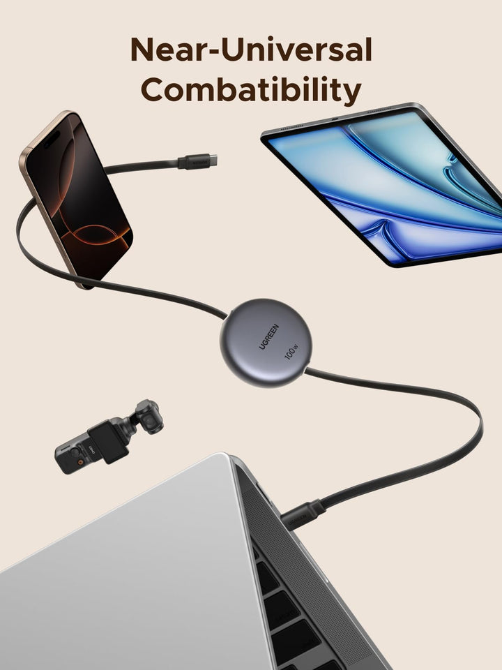 UGREEN Nexode Câble USB-C rétractable 100W équipé d’un connecteur USB-C assure une compatibilité quasi universelle, idéal pour une charge efficace et un transfert de données fiable sur divers ordinateurs portables, smartphones, tablettes et autres appareils.