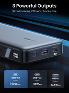 The UGREEN Nexode Power Bank 25000mAh 145W functions as a versatile portable charger with three powerful outputs, including USB-C ports delivering up to 145W and a USB-A port.