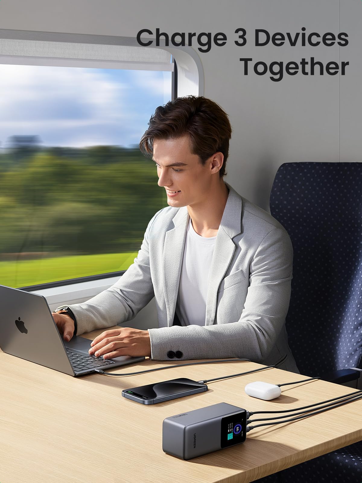 UGREEN Nexode Power Bank 20000mAh 130W is a portable charger that can charge three devices at the same time, making it ideal for laptops, smartphones, and earbuds during travel, commuting, or mobile work.