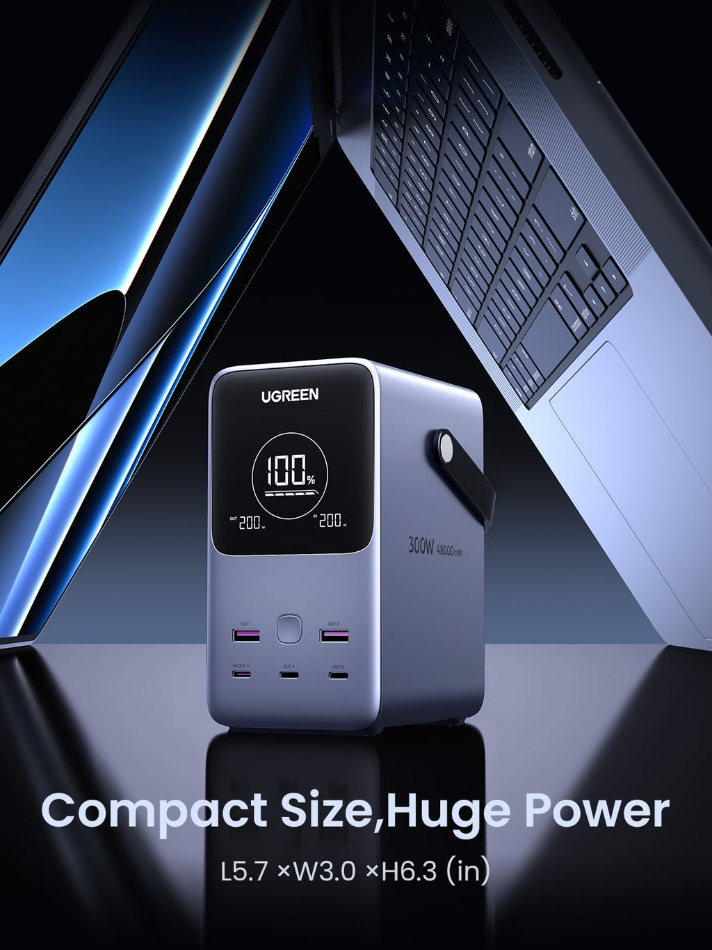 UGREEN Portable Power Bank 48000mAh 300W is a compact yet powerful portable charger with a space-saving design measuring 5.7 × 3.0 × 6.3 inches, delivering massive output power while remaining easy to carry and store for travel or daily use.