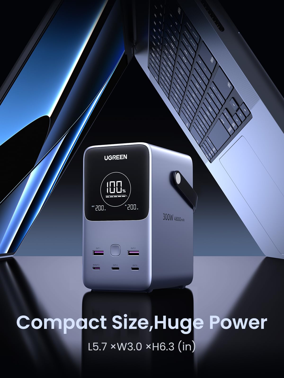 UGREEN Portable Power Bank 48000mAh 300W is a compact yet powerful portable charger with a space-saving design measuring 5.7 × 3.0 × 6.3 inches, delivering massive output power while remaining easy to carry and store for travel or daily use.