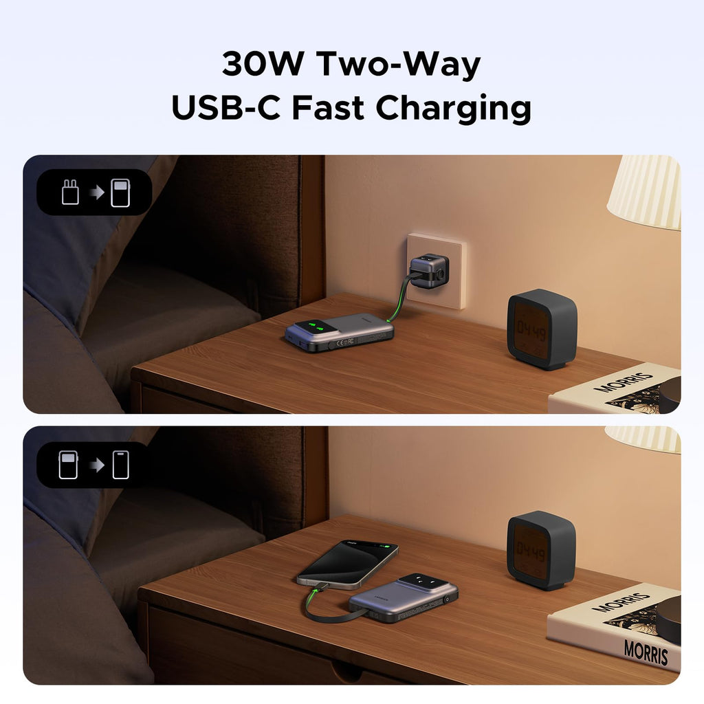 UGREEN Uno Power Bank 10000mAh 30W is a portable charger that supports PD 30W fast charging and 30W two-way USB-C fast charging, allowing both quick power delivery to smartphones, tablets, and laptops and rapid recharging of the power bank itself for efficient everyday use.