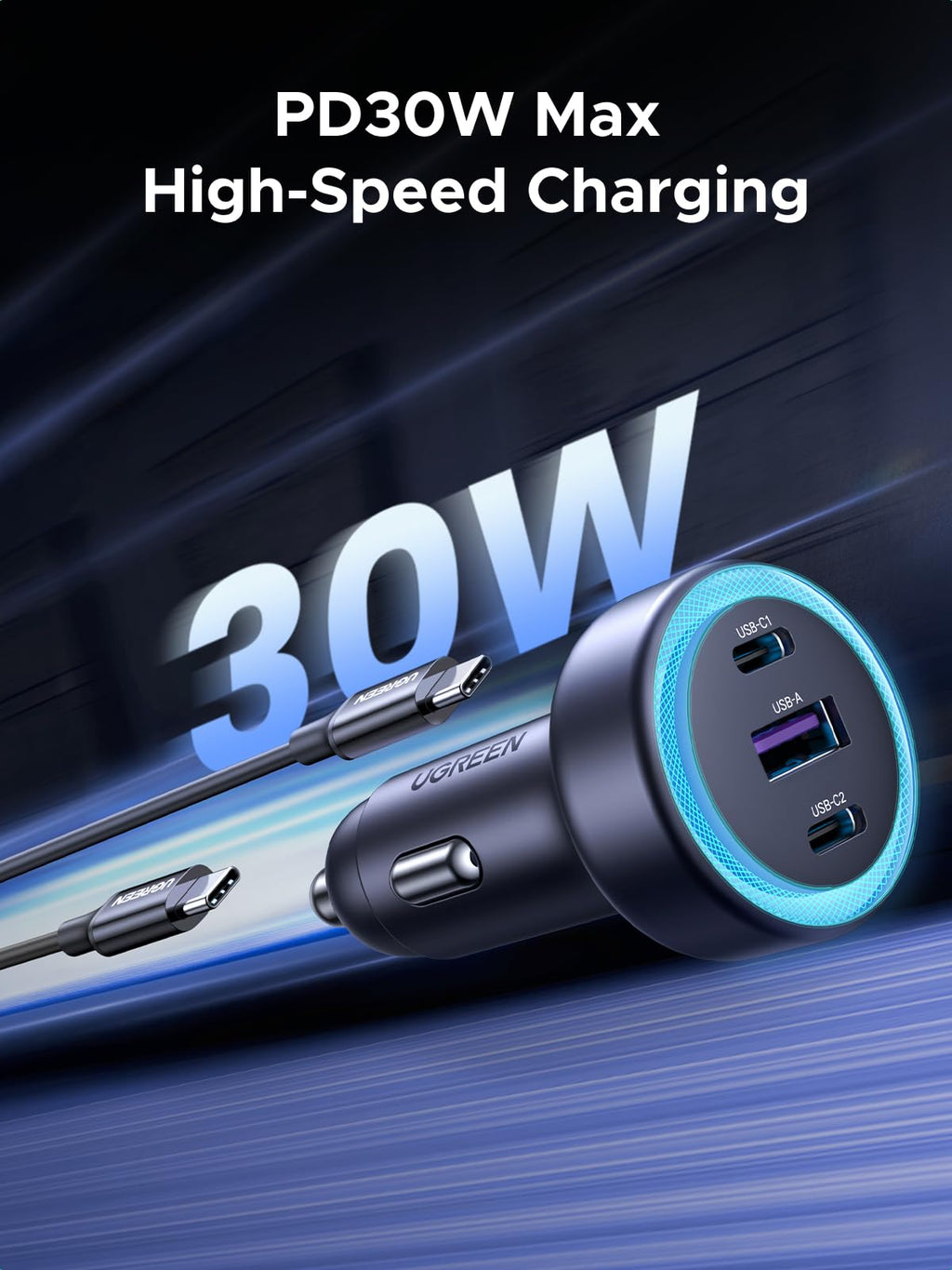 UGREEN 30W USB C Car Charger 3 Port PD Fast Charging Cigarette Lighter