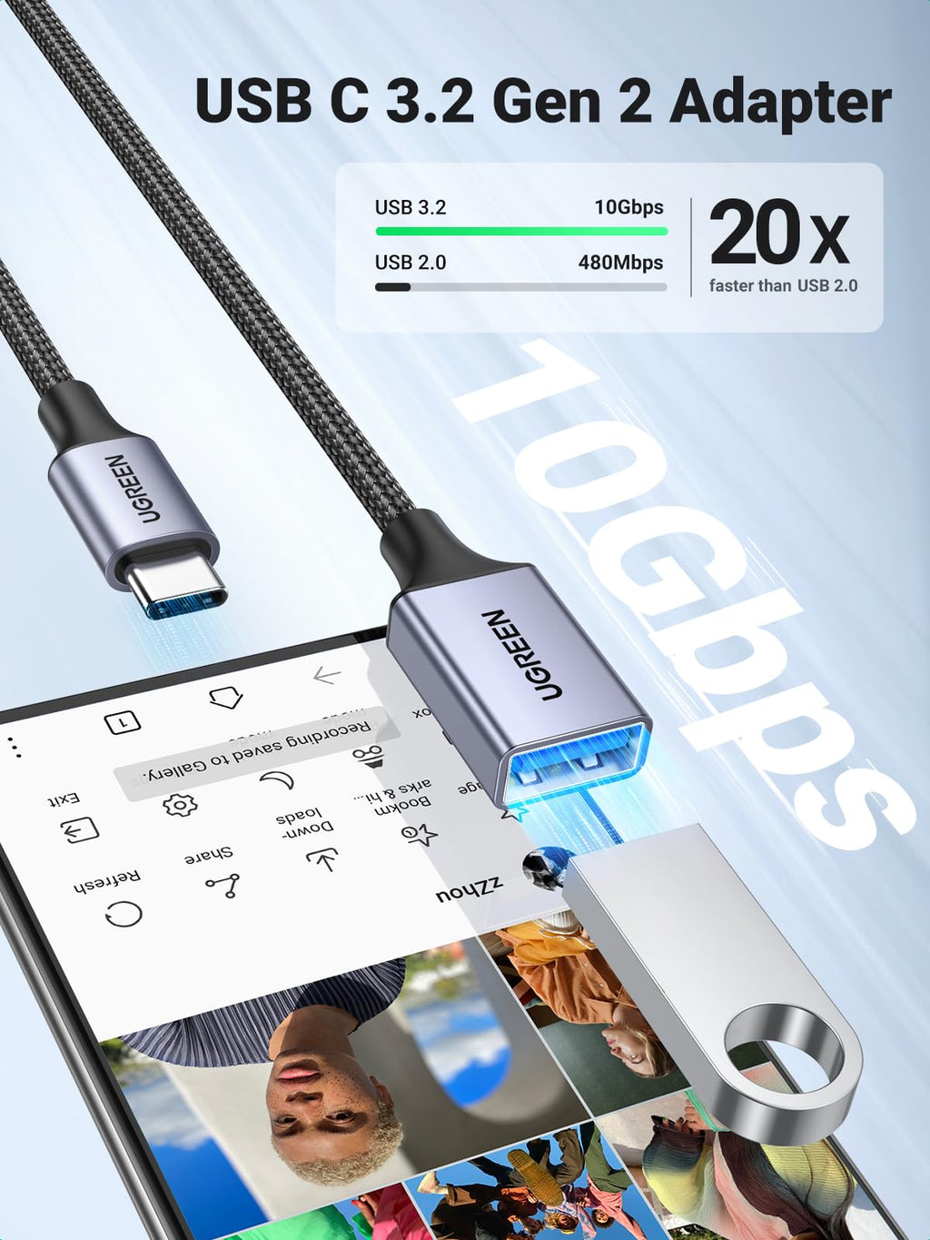 UGREEN 10Gbps USB C to USB Adaptor for iPhone, iPad, MacBook, Galaxy Grey