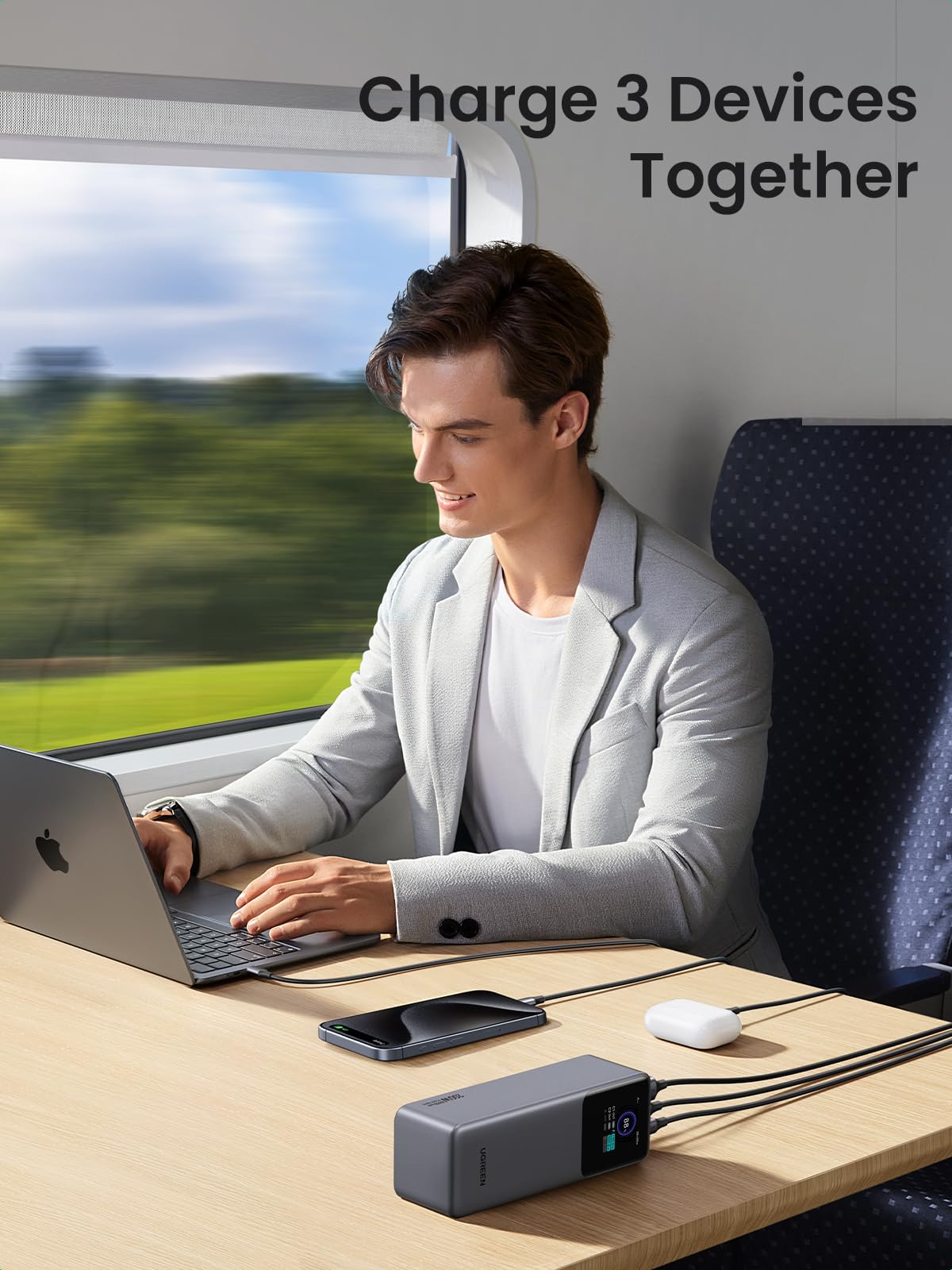 UGREEN Nexode Power Bank 25000mAh 200W portable charger allows charging up to three devices at the same time, making it ideal for laptops, smartphones, and earbuds during commuting and long-distance travel.