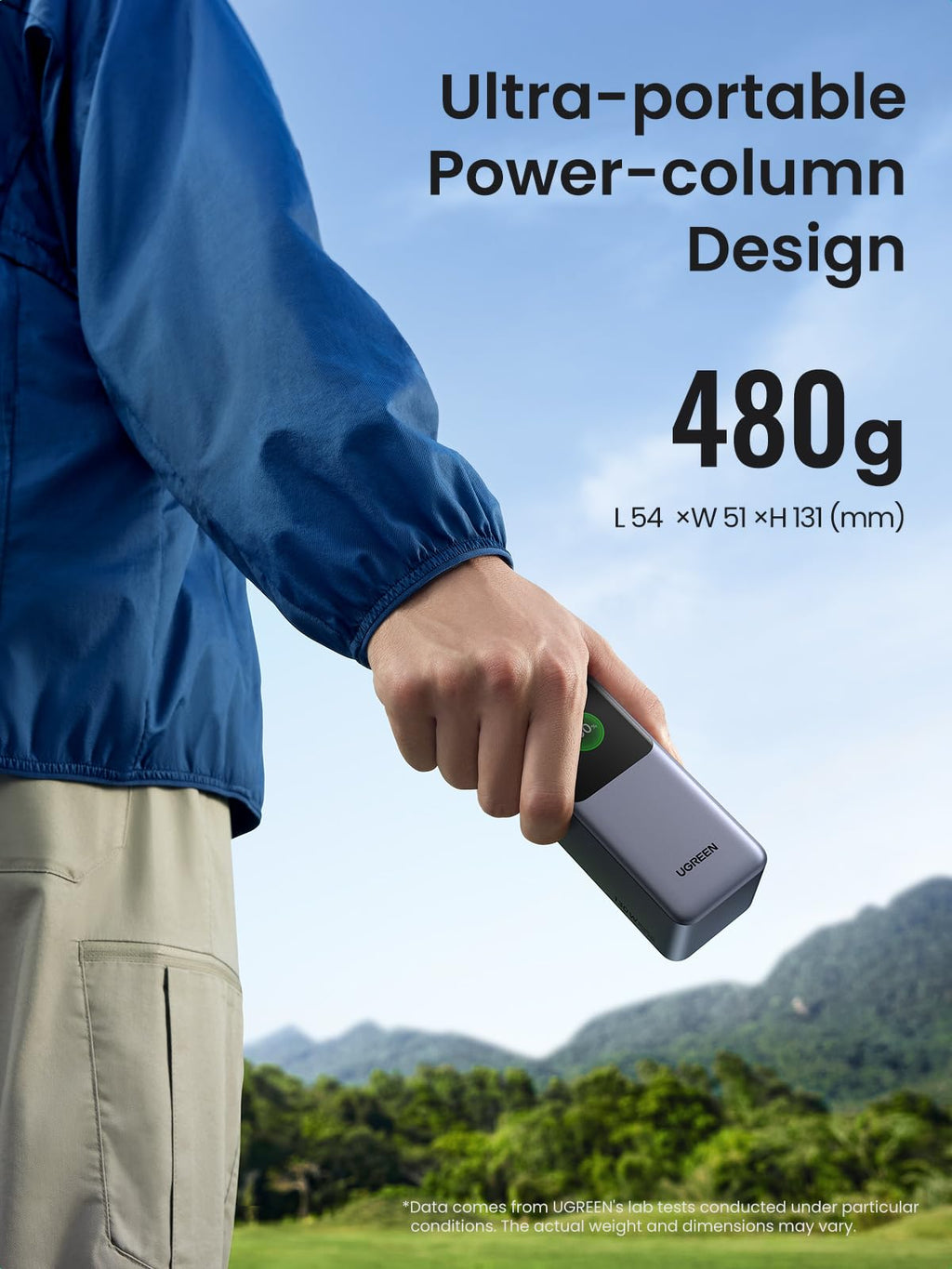 UGREEN Nexode Power Bank 20000mAh 130W features an ultra-portable power-column design, allowing this portable charger to be easily carried by hand or in a bag while weighing only 480 g for everyday travel.