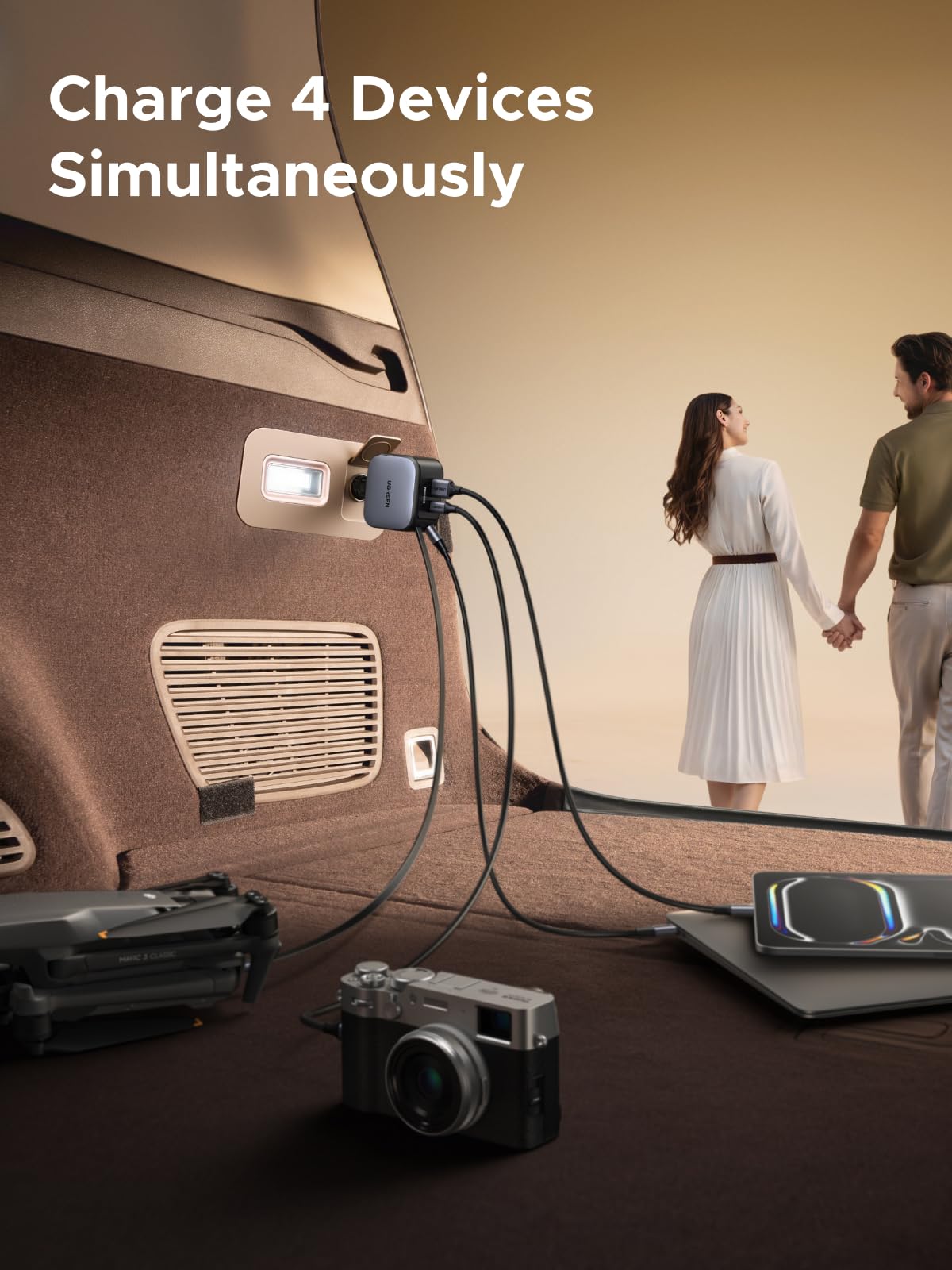 Charge four devices simultaneously in your car with the UGREEN Nexode Car Charger 145W with Retractable USB-C Cable, the ideal travel charger combining high-speed performance and compact design for your travel needs.