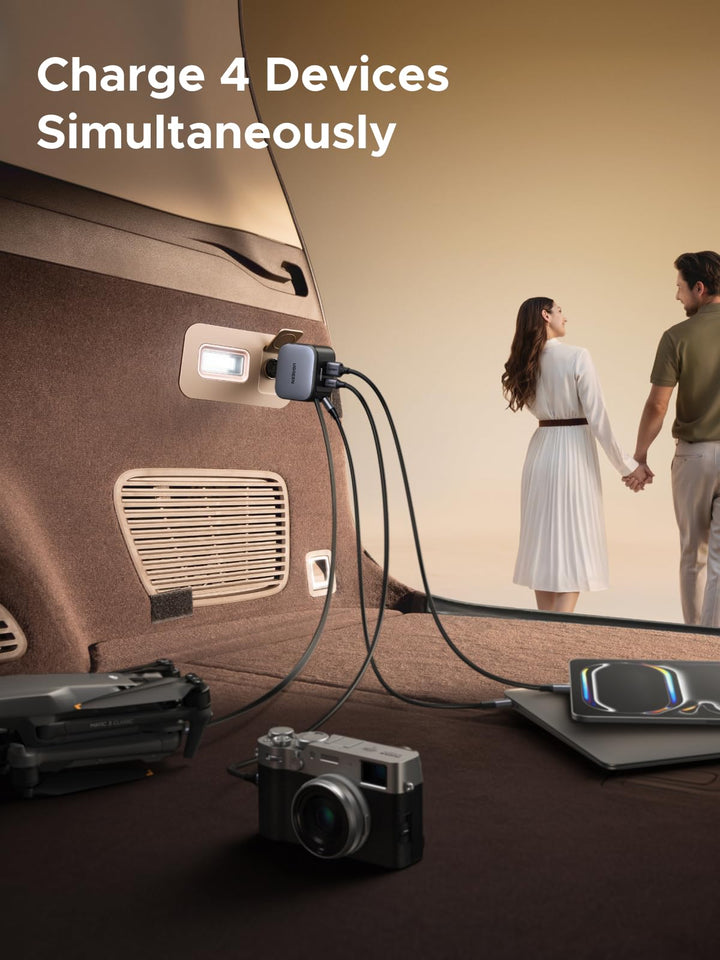Charge four devices simultaneously in your car with the UGREEN Nexode Car Charger 145W with Retractable USB-C Cable, the ideal travel charger combining high-speed performance and compact design for your travel needs.