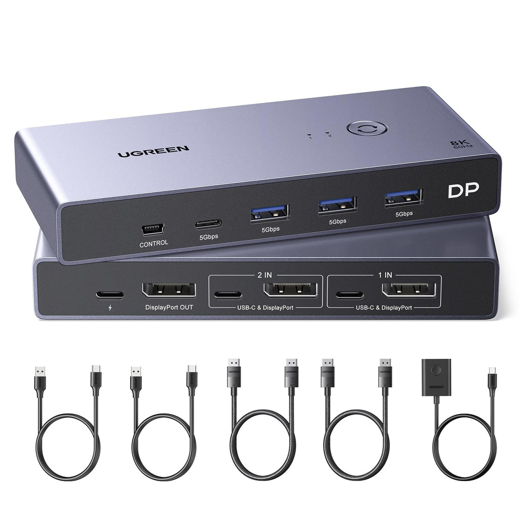 UGREEN 8K@60Hz Displayport KVM Switch 2 PC 1 Monitor with 2 DP Cables