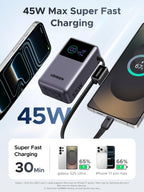 UGREEN Nexode 55W 10000mAh Power Bank Digital Display Built-in Cable, Gray