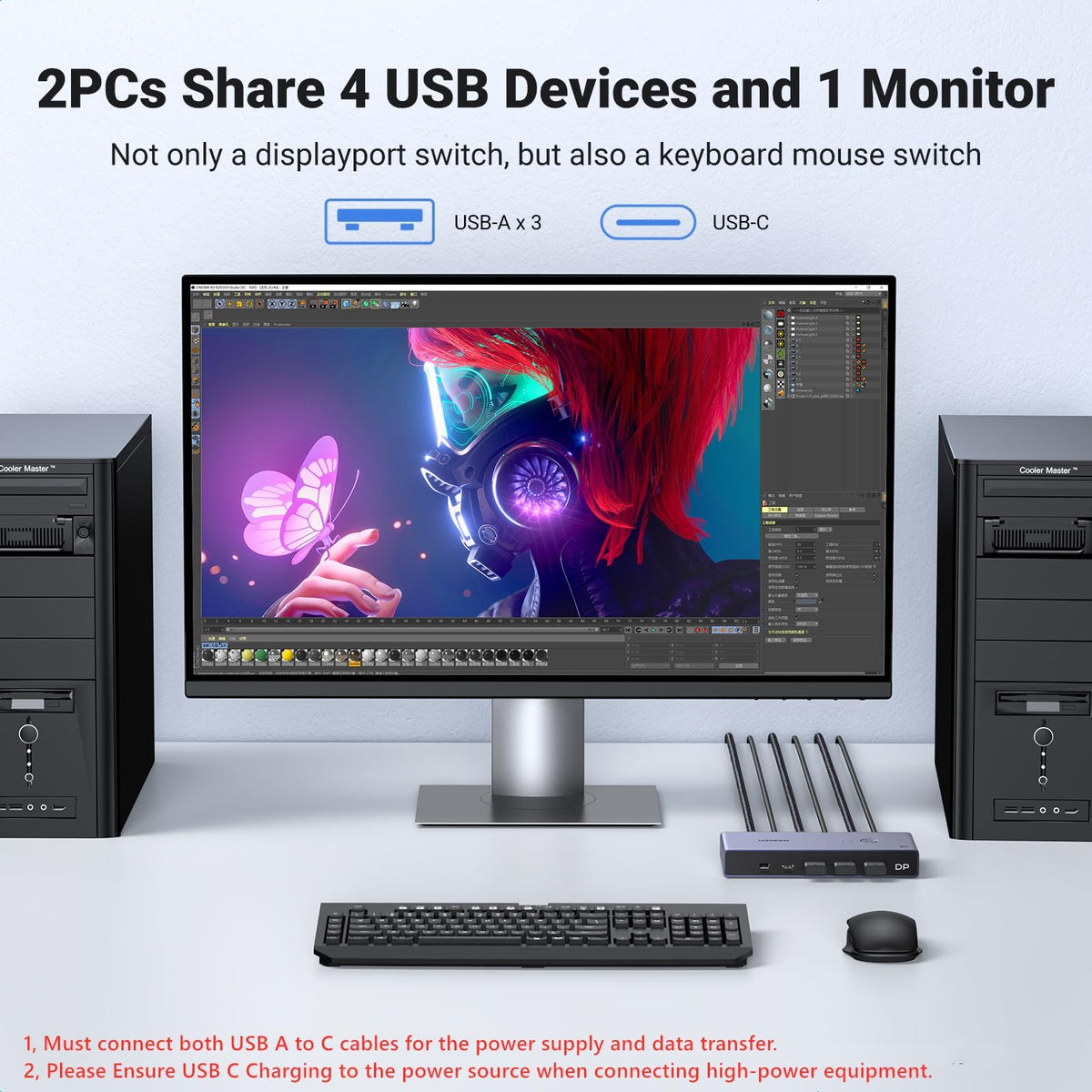 UGREEN 8K@60Hz Displayport KVM Switch 2 PC 1 Monitor with 2 DP Cables