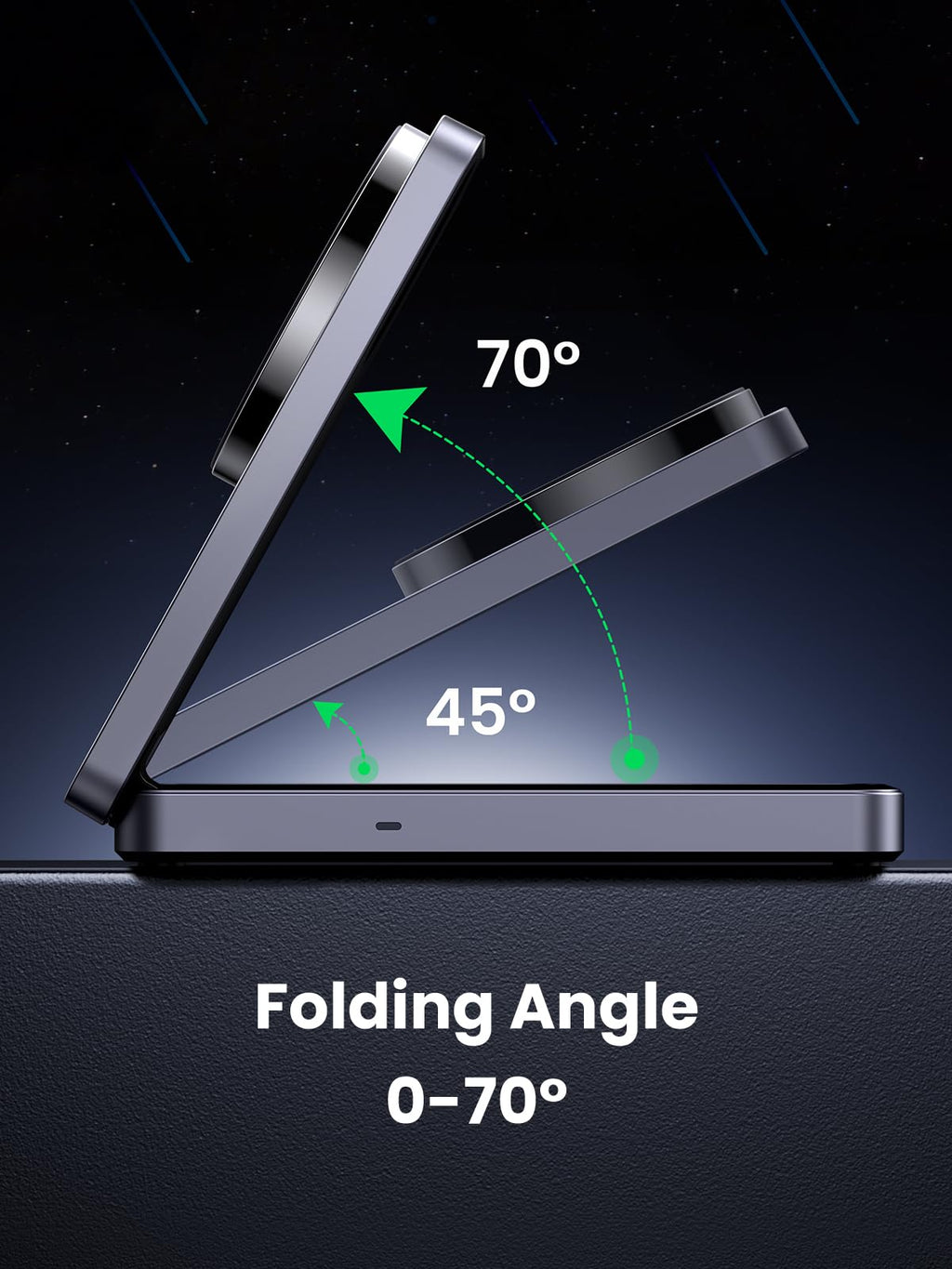UGREEN MagFlow 2-in-1 Wireless Charger, fully magsafe compatible, featuring strong magnetic alignment and an adjustable folding angle from 0° to 70° with 45° and 70° intermediate positions, supporting Qi2 15W wireless charging for versatile hands-free use.