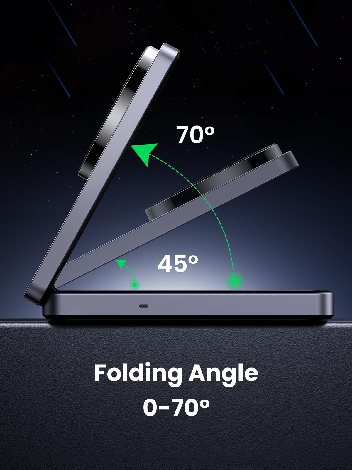 UGREEN MagFlow 2-in-1 Wireless Charger, fully magsafe compatible, featuring strong magnetic alignment and an adjustable folding angle from 0° to 70° with 45° and 70° intermediate positions, supporting Qi2 15W wireless charging for versatile hands-free use.