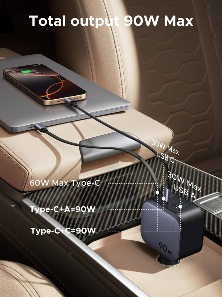 UGREEN Nexode Car Charger 90W with Retractable USB-C Cable and dual-port output delivers up to 90W total power, making it a reliable travel charger for powering multiple devices on the go.