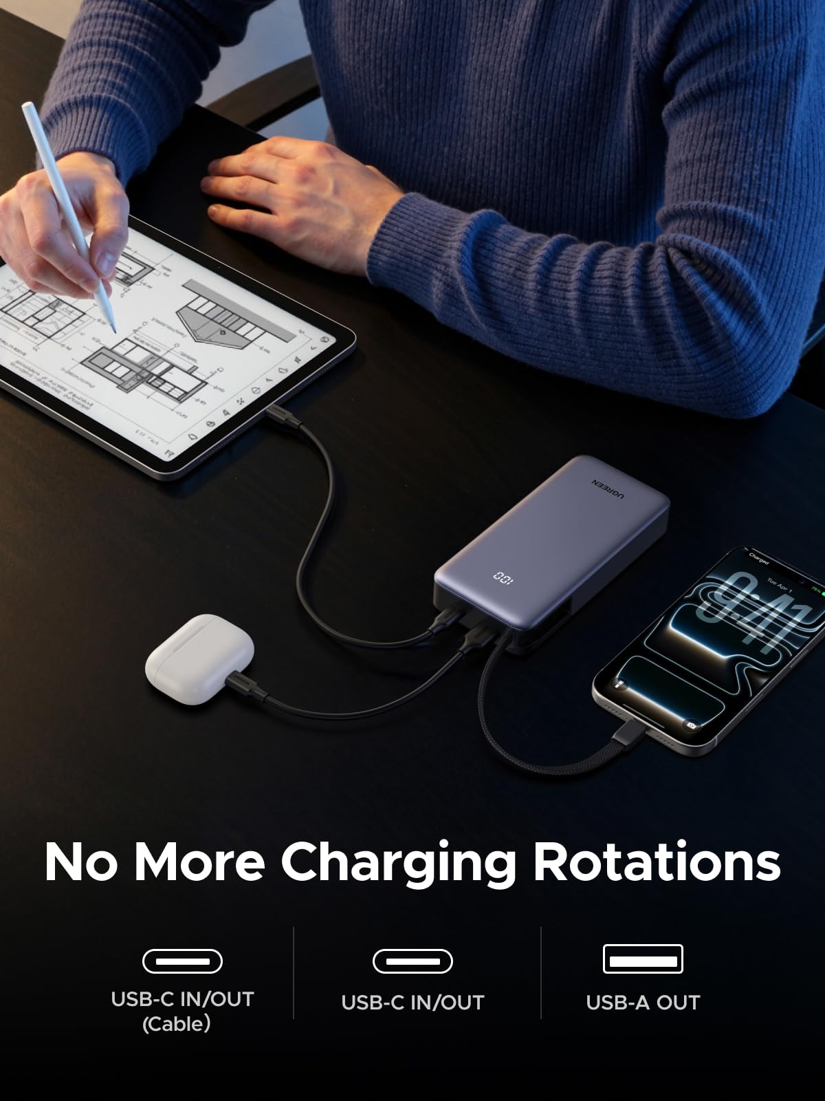 UGREEN Nexode 55W 20000mAh Power Bank 3-Way Output Built-in Cable