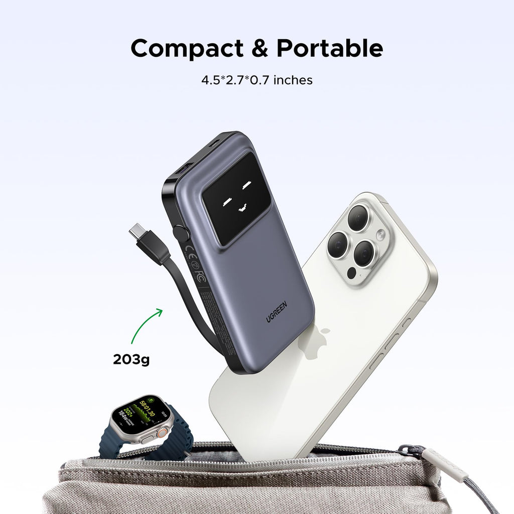 UGREEN Uno Power Bank 10000mAh 30W serves as a portable charger with a compact and lightweight design, measuring approximately 4.5 × 2.7 × 0.7 inches, making it easy to carry in a pocket or bag for everyday mobility.