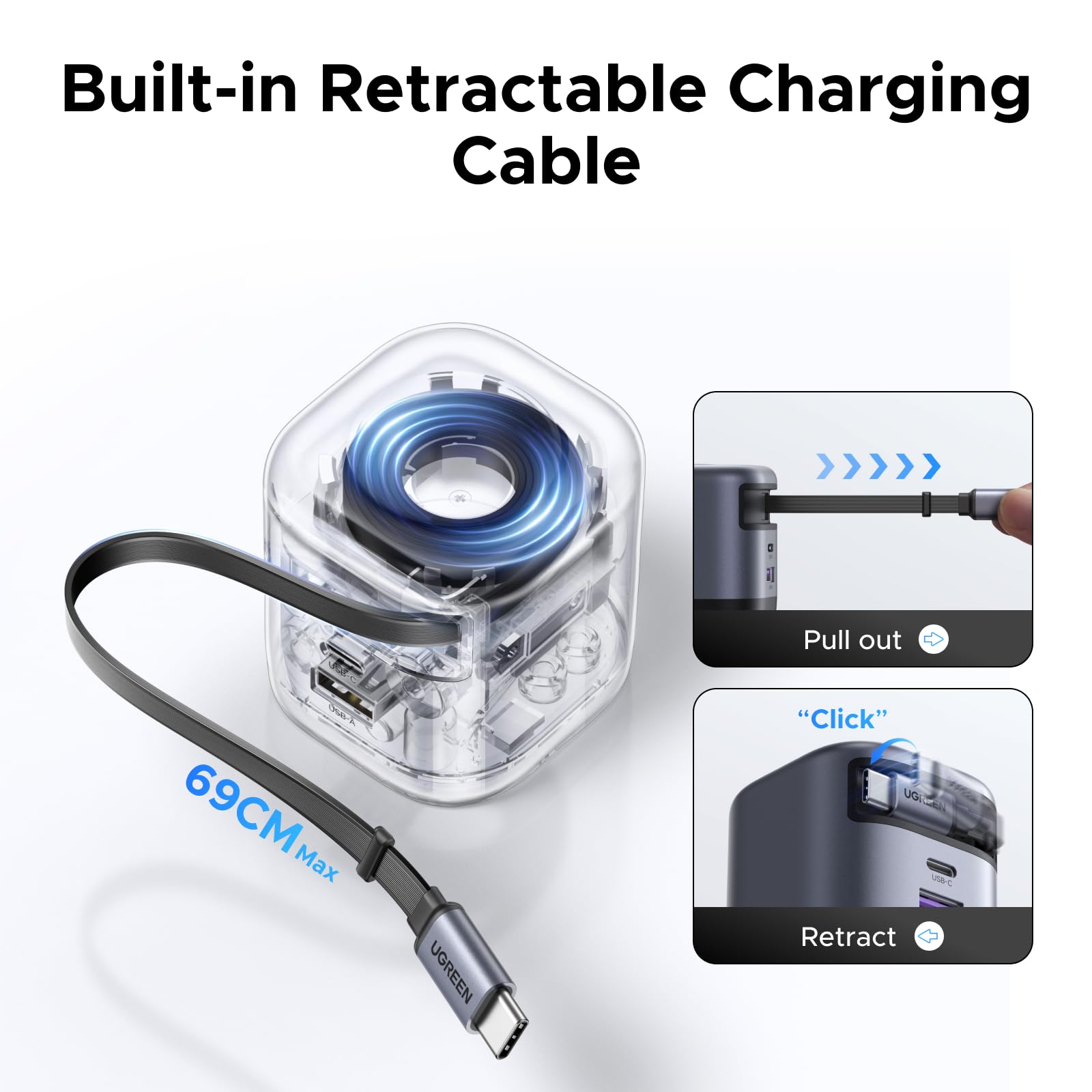 UGREEN Nexode 45W Charger with Retractable USB-C Cable is a practical travel charger featuring a built-in Type-C cable that extends up to 69cm and retracts neatly, making it perfect for organized charging on the go.