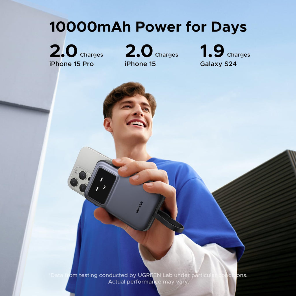 UGREEN Uno Power Bank 10000mAh 30W is a compact portable charger that provides reliable 10000mAh power capacity, delivering up to 2 full charges for iPhone models and nearly 2 charges for Galaxy S24 to support daily use and short trips.
