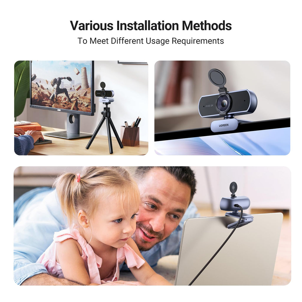 UGREEN 2K Webcam with Microphone, Dual Stereo Mics, Low Light Correction, Web Cam with Privacy Cover, Plug & Play, Camera for PC, Mac, Laptop, Zoom, Skype, Streaming, Video Calling & Conferences