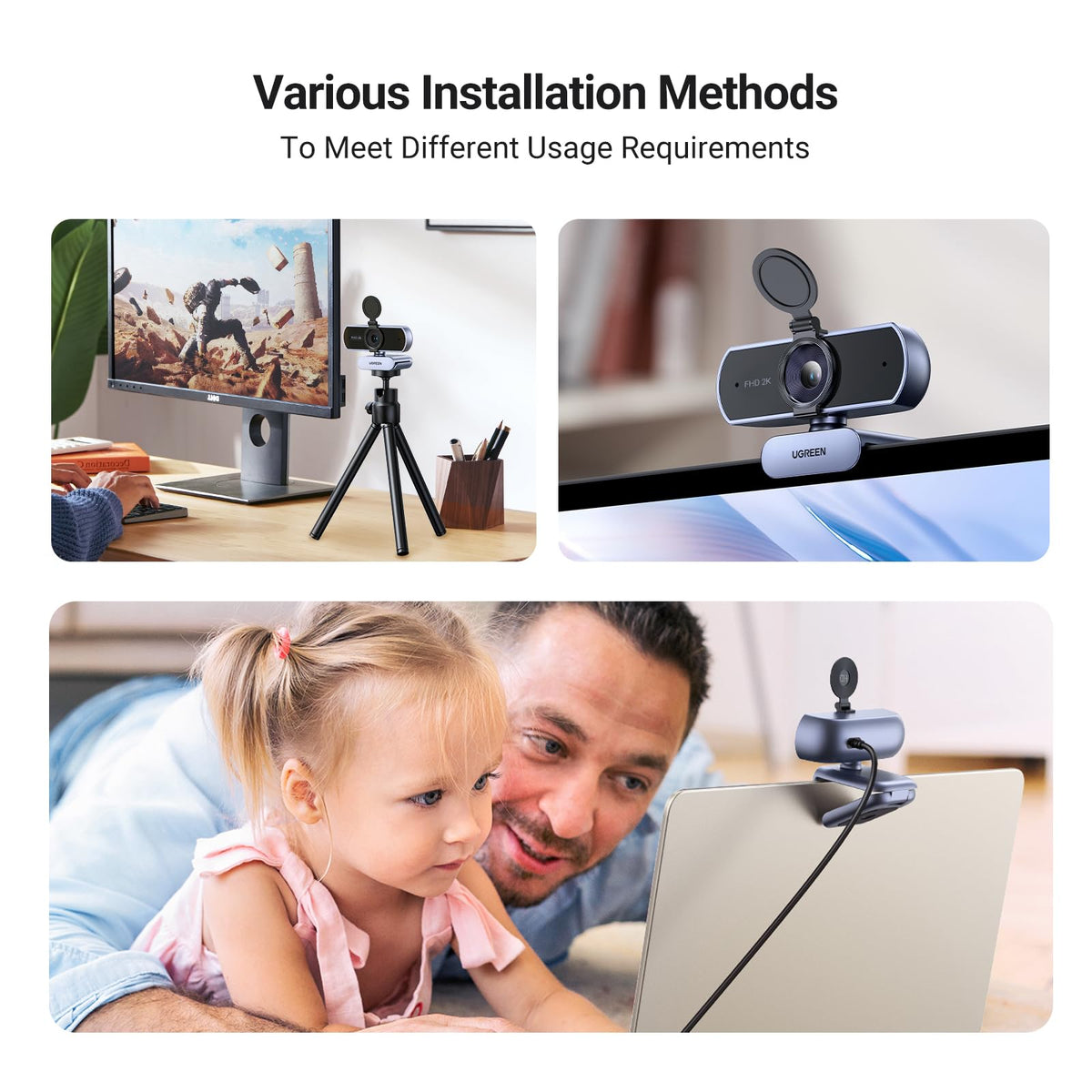 UGREEN 2K Webcam with Microphone, Dual Stereo Mics, Low Light Correction, Web Cam with Privacy Cover, Plug & Play, Camera for PC, Mac, Laptop, Zoom, Skype, Streaming, Video Calling & Conferences
