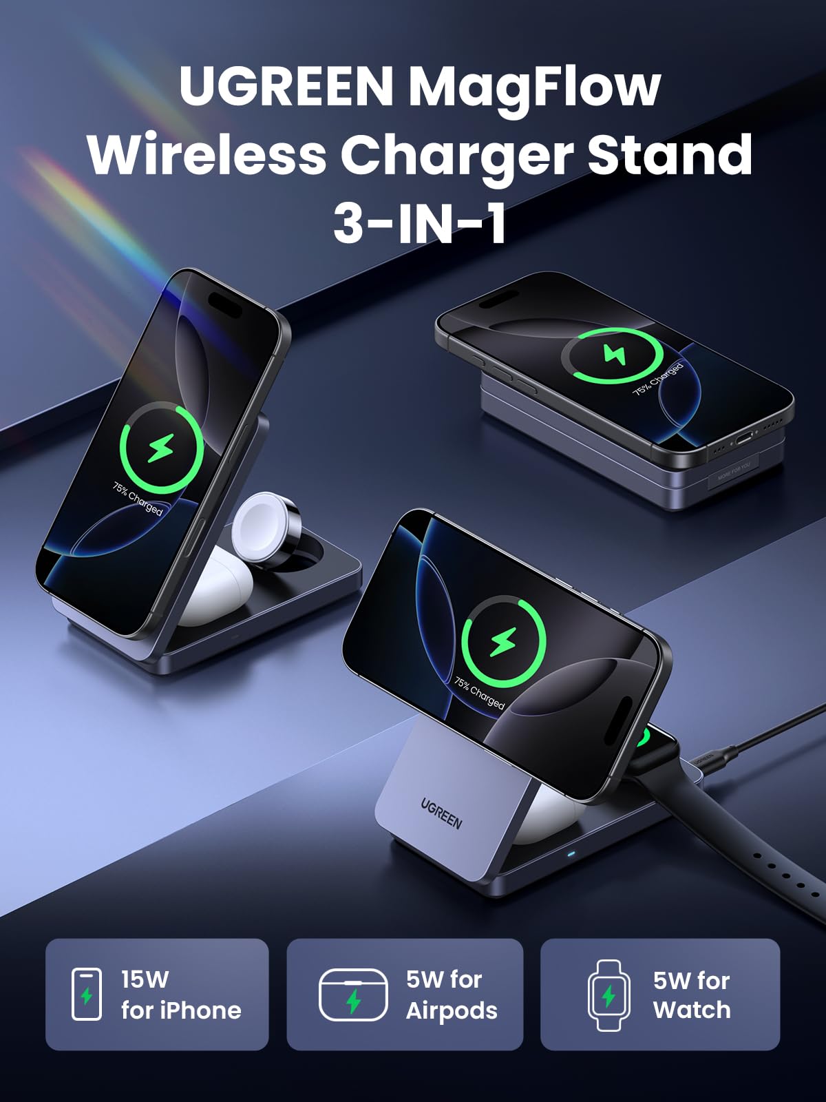 With MagSafe compatible design and strong magnetic stability, the UGREEN MagFlow 3-in-1 Wireless Charger provides Qi2 15W wireless charging for iPhone, along with 5W charging for AirPods and Apple Watch.