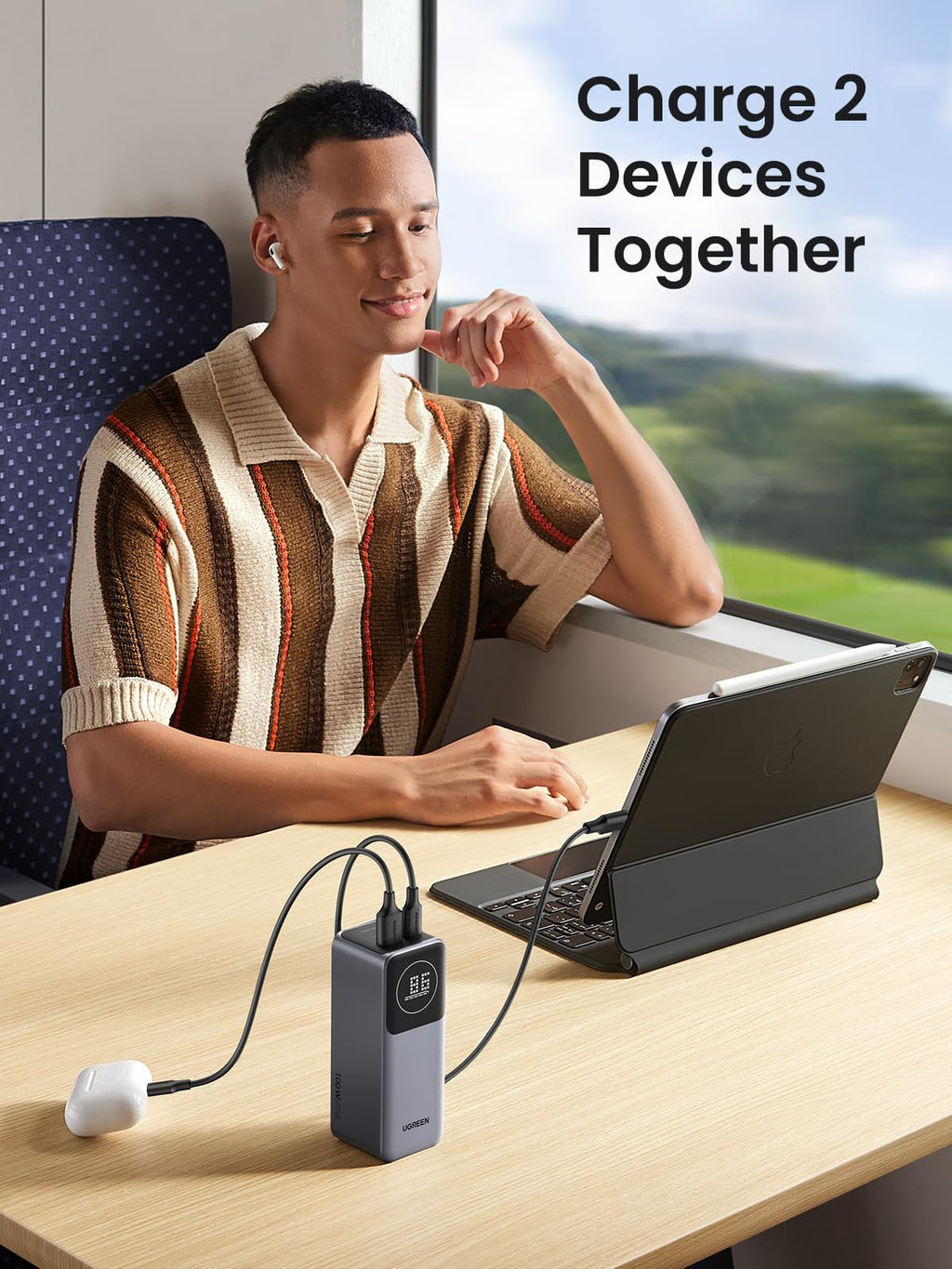 UGREEN Nexode Power Bank 12000mAh 100W portable charger allows charging up to two devices at the same time, making it ideal for laptops, smartphones, and earbuds during commuting and long-distance travel.